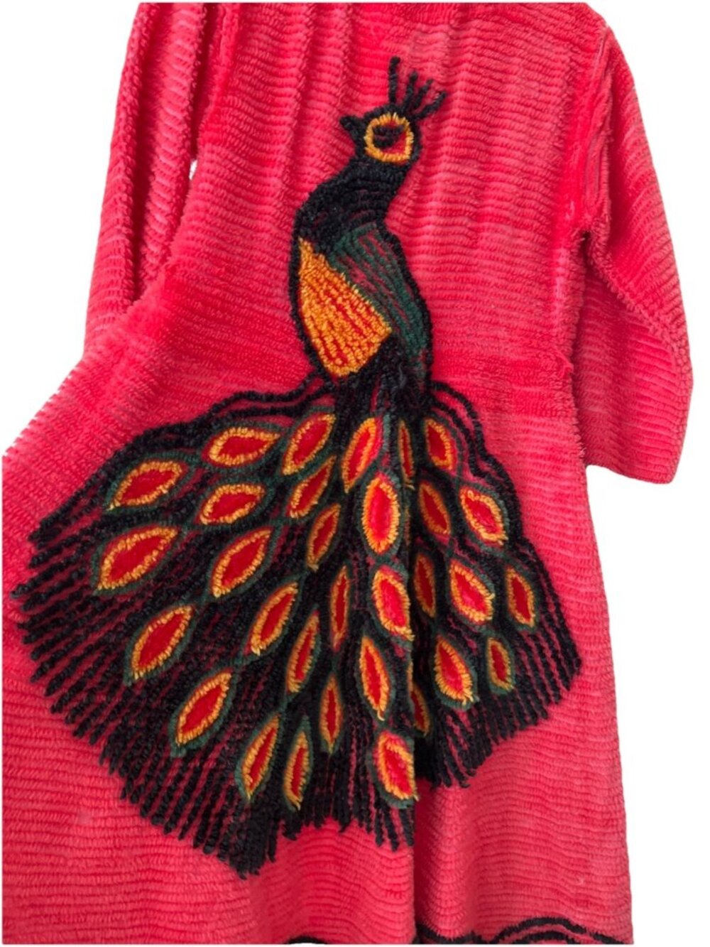 40s 50s chenille peacock robe NO BELT bright pink midcentury S/M RARE COLOR - Picture 2 of 5